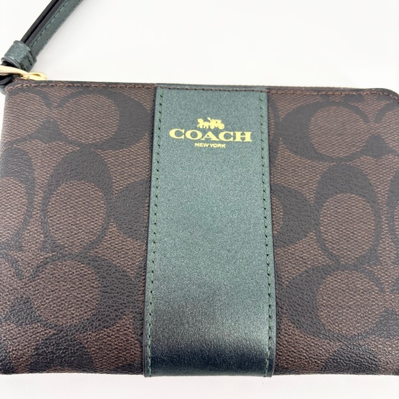 Coach Corner‎ Zip Wristlet Wallet Brown Metallic Ivy Green Canvas Leather - Picture 2 of 8